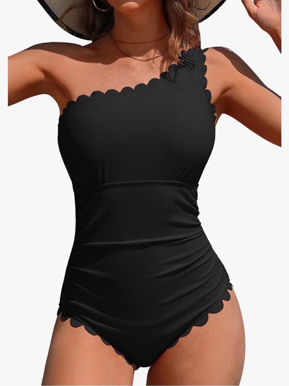 Charmo Elegant Ribbed Scallop Edge Asymmetric One-Shoulder One Piece Swimsuit
